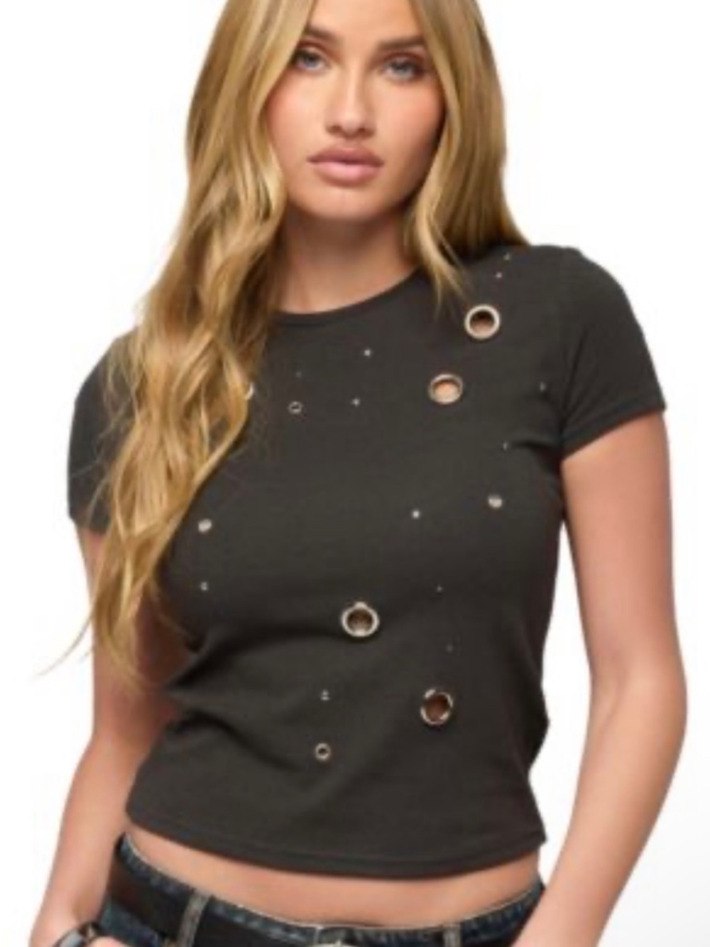 NWOT MICHAEL LAUREN BLACK TEE WITH SILVER GROMMETS SIZE SMALL - Picture 2 of 3